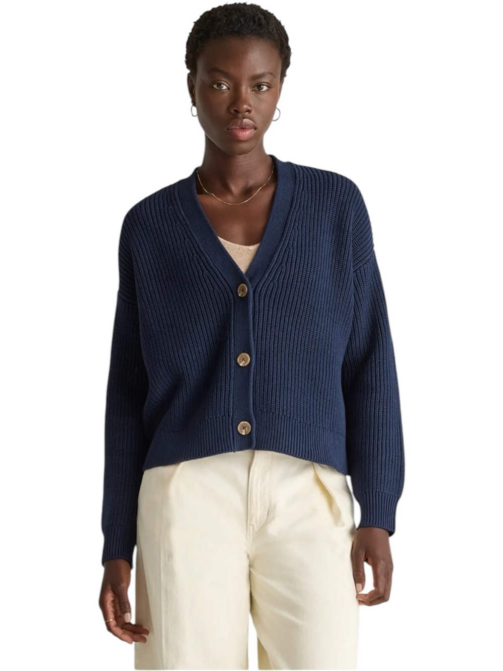 QUINCE 100% Organic Cotton Fisherman Boxy Cropped Cardigan Sweater Navy NWT L